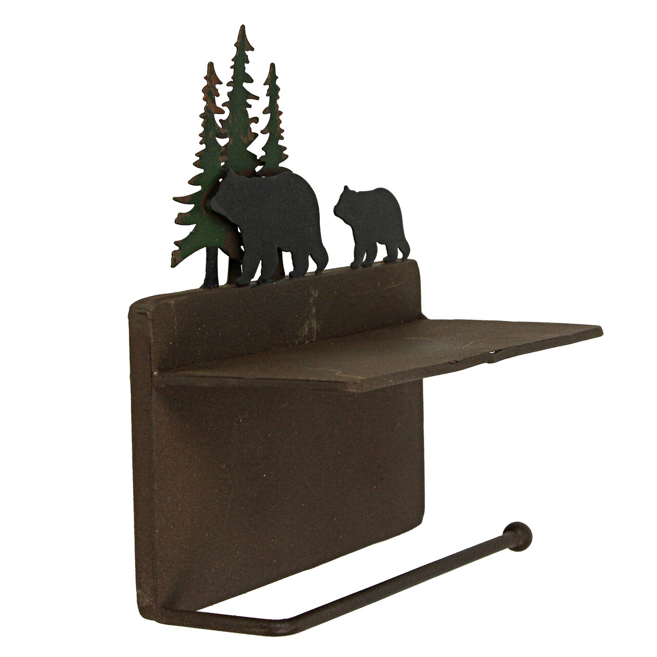 Rustic Brown Painted Metal Walking Bear Toilet Paper Roll Holder W/ Phone Shelf
